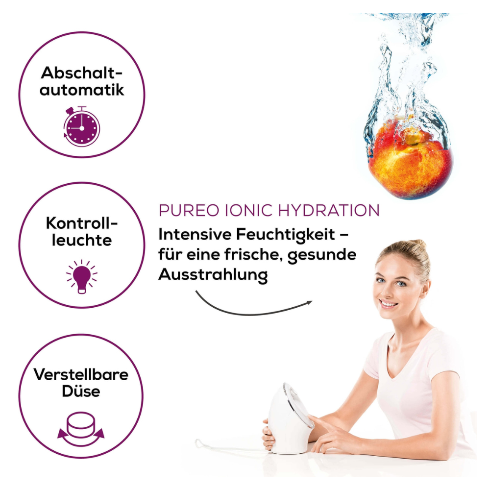 Reclame in het Duits voor de 'Beurer Ionengezichtssauna FC 72 Pureo Ionic Hydration | Verpakking (1 stuk)' van Beurer GmbH, met een vrouw die een gezichtssauna gebruikt. De merkidentificatie omvat symbolen voor automatische uitschakeling, controlelampje en verstelbare mondstuk evenals tekst die intense hydratatie voor een frisse, gezonde teint door diep reinigende ionentechnologie benadrukt.