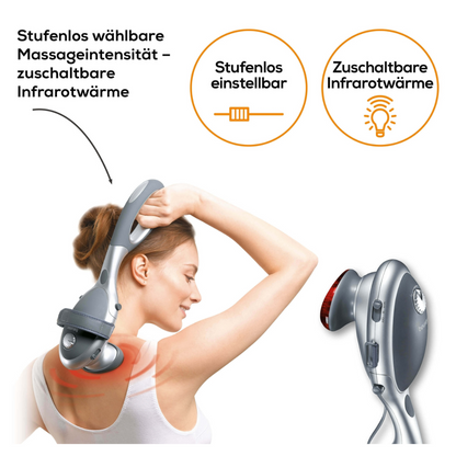 Een persoon gebruikt het Beurer MG 70 infraroodmassageapparaat op haar schouder. De tekst legt de verstelbare klopmassage-intensiteit en de optionele infraroodwarmte van het product van de Beurer GmbH uit. Twee symbolen staan voor verstelbare niveaus en infraroodwarmte. Een andere afbeelding toont een close-up van het infraroodmassageapparaat met tekst in het Duits.
