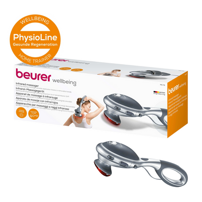 De afbeelding toont een Beurer MG 70 infraroodmassageapparaat | Verpakking (1 stuk) van Beurer GmbH. De verpakking benadrukt zijn functies in meerdere talen. Het apparaat zelf heeft naast de verpakking een afneembare handgreep en infraroodknopen voor de klopmassage-therapie. Daarnaast is er een PhysioLine-logo te zien.