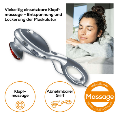 Links is een Beurer MG 70 infraroodmassageapparaat met afneembare handgreep afgebeeld. Rechts rust een vrouw met gesloten ogen en een glimlachend gezicht op gevouwen handen. De tekst is in het Duits en benadrukt voordelen zoals spierontspanning en veelzijdigheid.