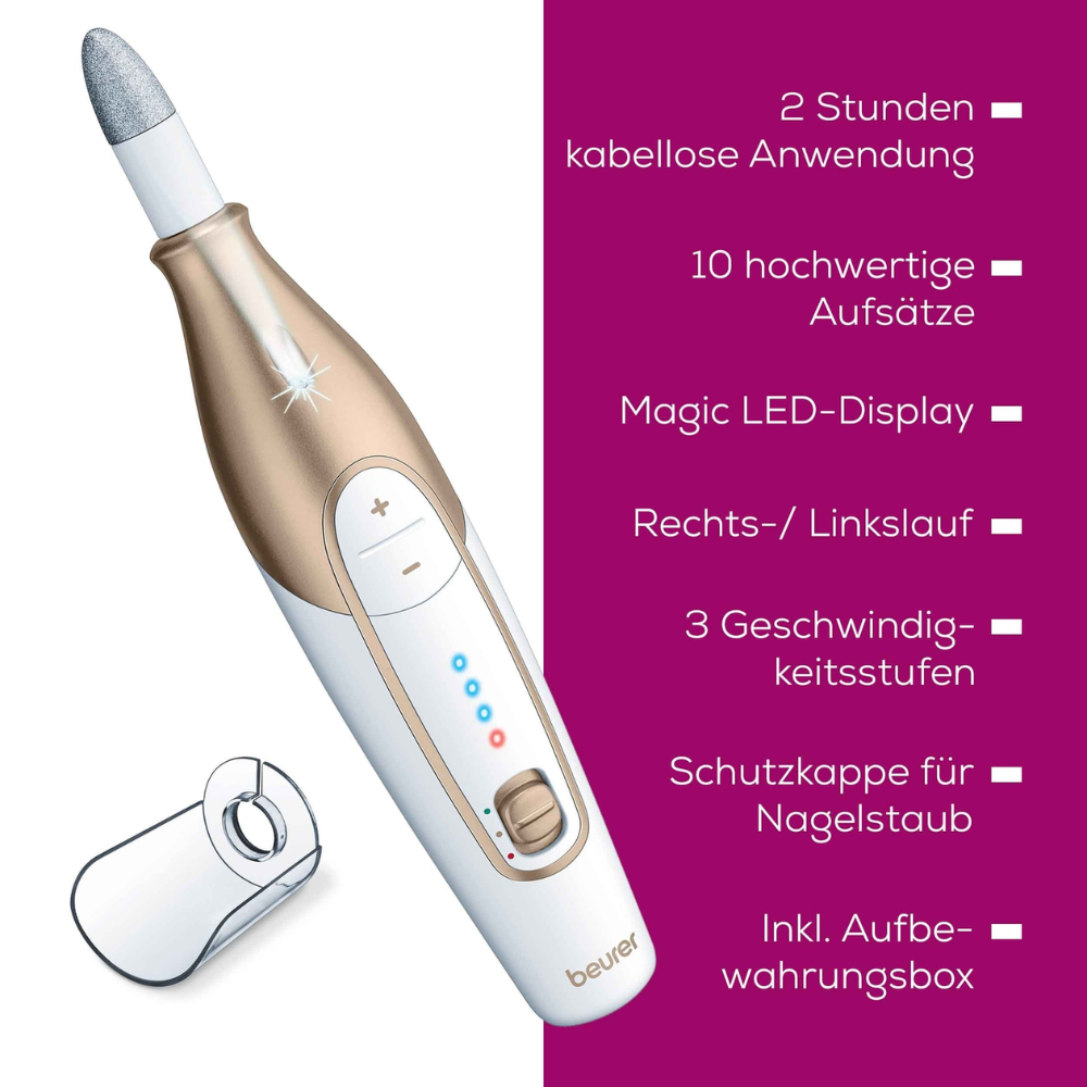 De Beurer MP 64 manicure-/pedicureset van Beurer GmbH omvat een elektrische nagelvijl, uitgerust met 10 saffier- en vilten opzetstukken. Het beschikt over een Magic LED-display, biedt tot 2 uur draadloos gebruik, ondersteunt rechts- en linksdraaiend met drie snelheidsniveaus en wordt geleverd met een beschermkapje voor nagelstof en een praktische opbergdoos.