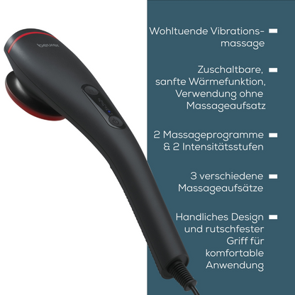 Beurer massageapparaat MG 24 | Verpakking (1 stuk) van Beurer GmbH met Duitse tekst die zijn functies beschrijft. Het apparaat valt op door een elegant zwart ontwerp met een gebogen handgreep en aan-uitknoppen. Beschrijvingen benadrukken vibratiemassage, instelbare verwarmingsfunctie, twee programma's, twee intensiteitsniveaus en drie massageopzetstukken.