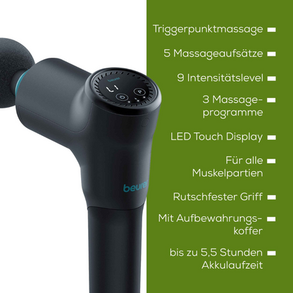 Hier is de herwerkte zin:

Een afbeelding van de Beurer spiermassage apparaat MG 185 Massage Gun met een beschrijvingsoverlay op groene achtergrond. Beschrijvingen in het Duits bevatten details zoals triggerpointmassage, 5 massageopzetstukken, 9 intensiteitsniveaus, 3 massageprogramma's, LED-touchscreen, antisliphandvat, opbergkoffer en tot 5,5 uur batterijduur voor ultieme spierontspanning.