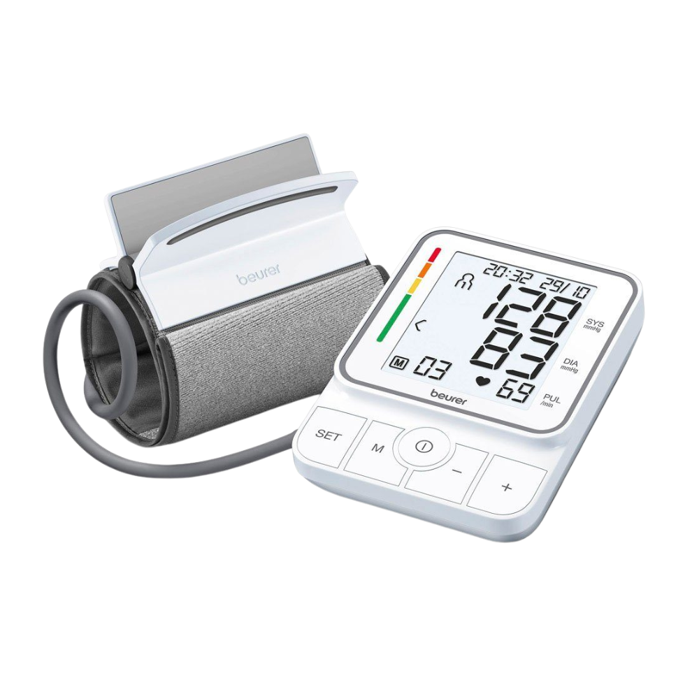 Das Beurer GmbH Uitloopartikel: Bovenarm bloeddrukmeter BM 51 easyClip beschikt over een grijze easyClip-manchet, een wit display voor bloeddruk, tijd, datum, meerdere knoppen en een kleurgecodeerde indicator.