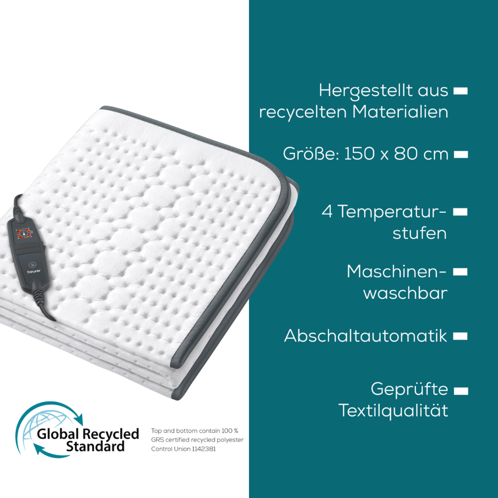 De afbeelding toont het Beurer warmteonderdeken UB 60 Green Planet van de Beurer GmbH, een rechthoekig verwarmingskussen met een afstandsbediening erop. Rechts zijn de eigenschappen opgesomd: "Gemaakt van gerecyclede materialen, Afmeting: 150 x 80 cm, 4 temperatuurstanden, Wasbaar in de machine, Automatische uitschakeling, Gecertificeerde textielkwaliteit. Geniet van duurzaam comfort met het Beurer warmteonderdeken.