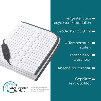De afbeelding toont het Beurer warmteonderdeken UB 60 Green Planet van de Beurer GmbH, een rechthoekig verwarmingskussen met een afstandsbediening erop. Rechts zijn de eigenschappen opgesomd: "Gemaakt van gerecyclede materialen, Afmeting: 150 x 80 cm, 4 temperatuurstanden, Wasbaar in de machine, Automatische uitschakeling, Gecertificeerde textielkwaliteit. Geniet van duurzaam comfort met het Beurer warmteonderdeken.