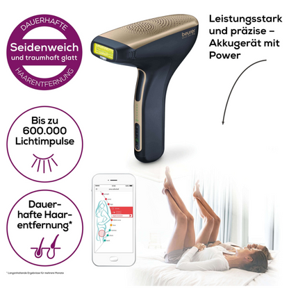 Wij presenteren: Beurer permanente ontharing IPL VelvetSkinPro Black, een IPL-ontharingsapparaat van de Beurer GmbH, dat permanente ontharing belooft. Met tot 600.000 lichtpulsen levert het krachtige en precieze prestaties. De afbeelding hieronder toont de aanbevolen toepassing op de benen en de bikinilijn.
