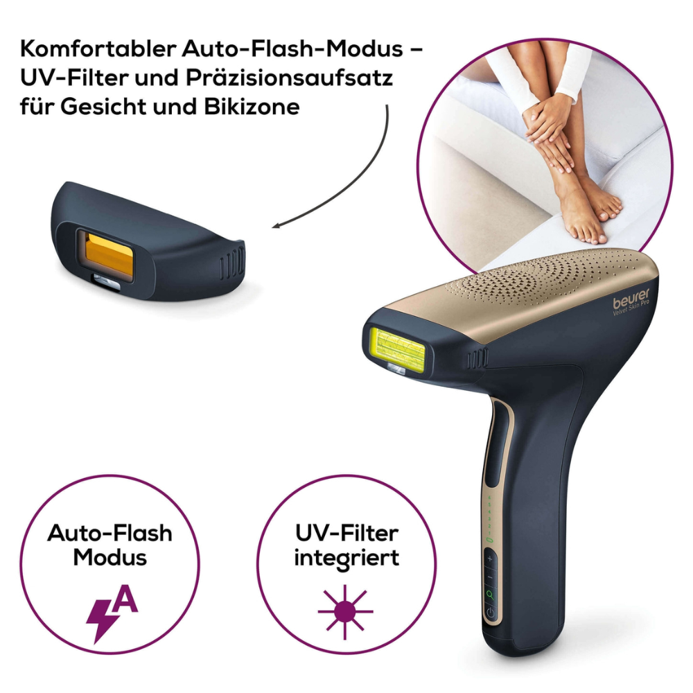 Een afbeelding die de Beurer permanente ontharing IPL VelvetSkinPro Black toont, een product van de Beurer GmbH, met UV-filter en precisieopzetstuk voor gezicht en bikinilijn. Het apparaat wordt in de buurt van de benen van een persoon getoond en benadrukt zijn voordelen van permanente ontharing. Duitse tekst beschrijft de functies: UV-filter, precisieopzetstuk en automatische flitsmodus.