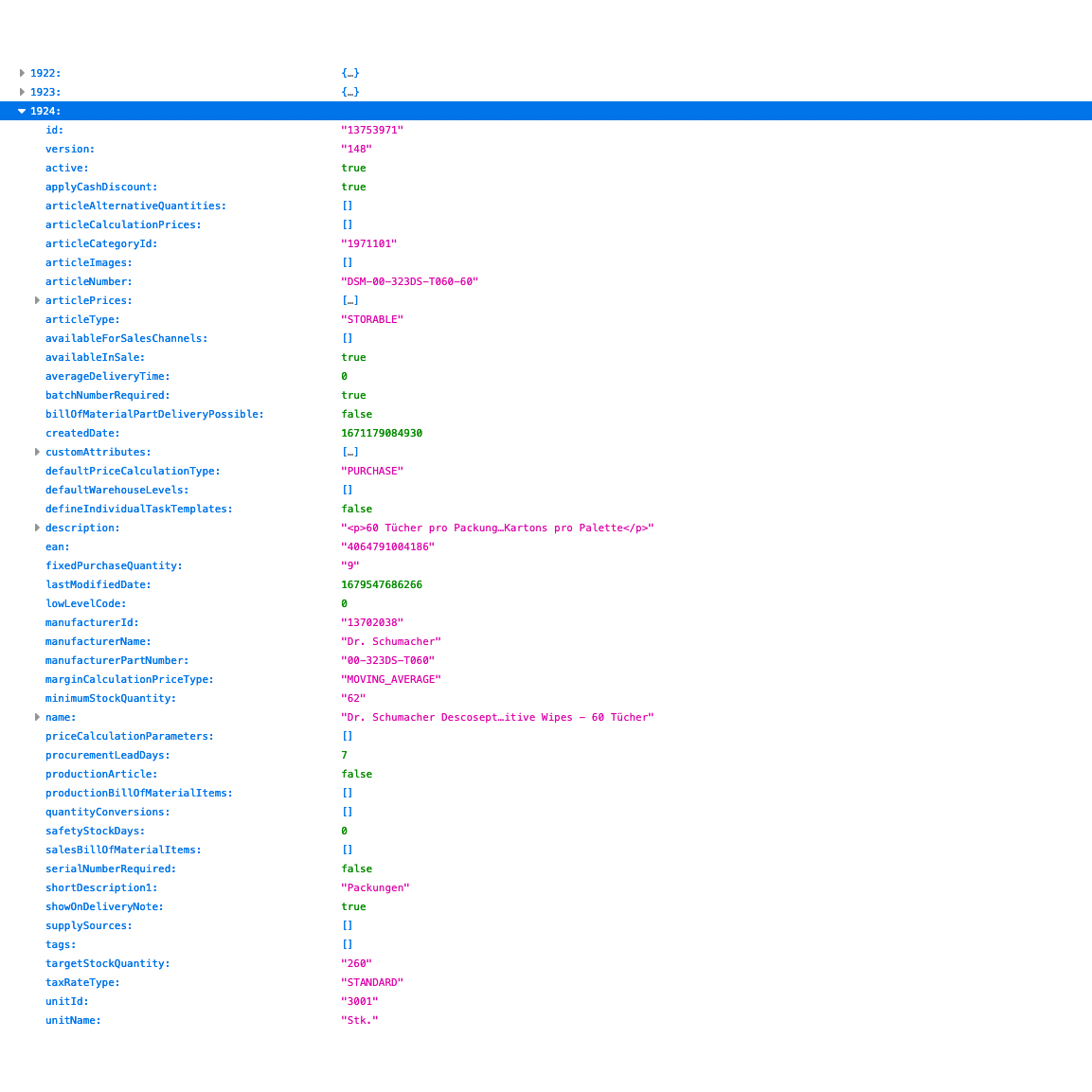 Tekstgebaseerde foto van een informatietafelindeling die een configuratie voor een webpagina toont met Altruan ArtikelMeister Feed: Weclapp Artikel JSON / CSV Feed. Het bevat meerdere velden zoals „id“, „type“ en
