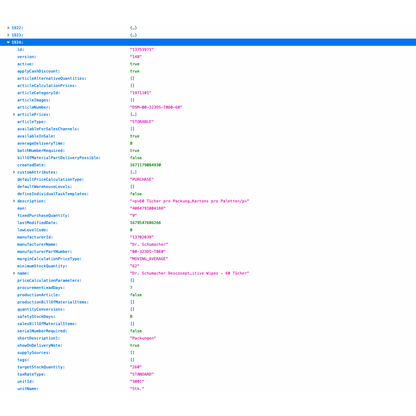 Tekstgebaseerde foto van een informatietafelindeling die een configuratie voor een webpagina toont met Altruan ArtikelMeister Feed: Weclapp Artikel JSON / CSV Feed. Het bevat meerdere velden zoals „id“, „type“ en