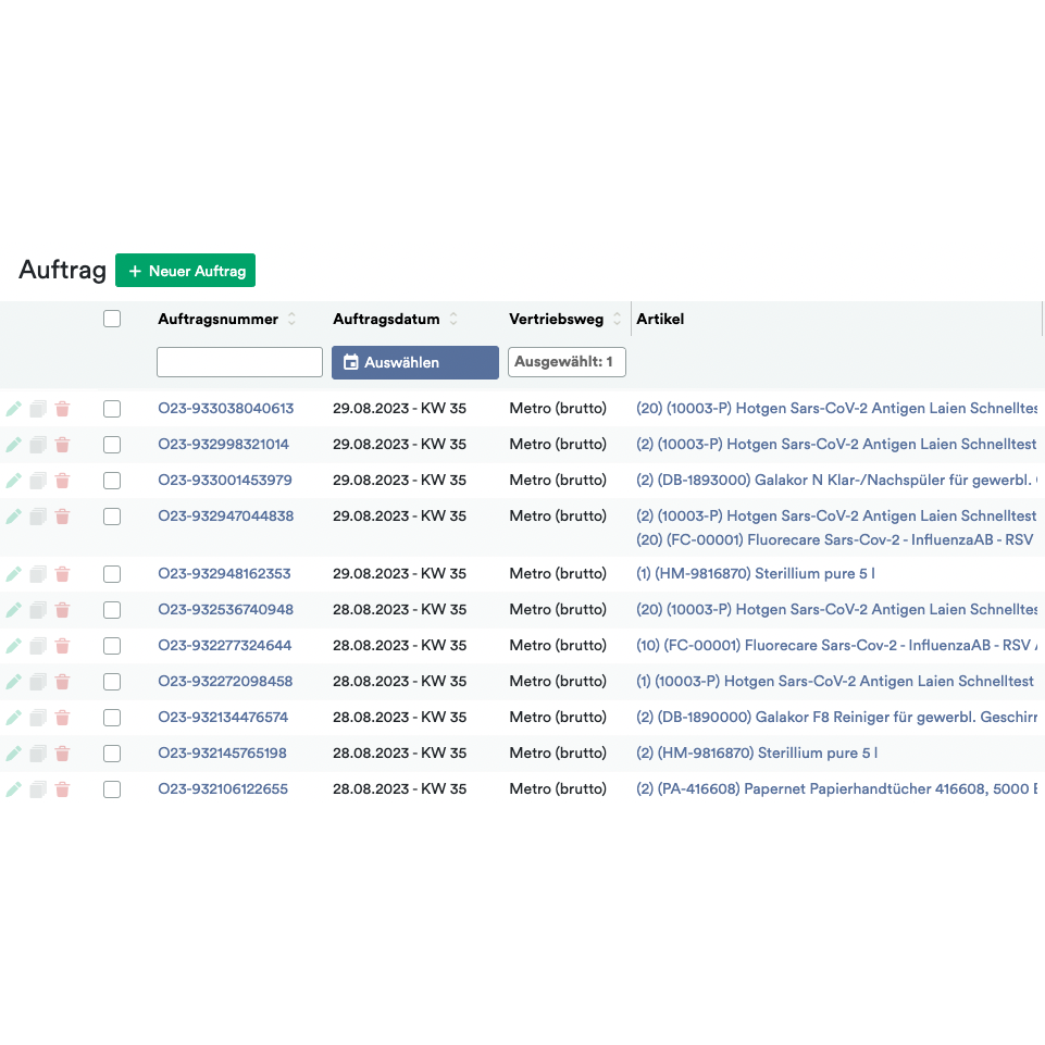 Een screenshot van de Altruan-computerinterface die een lijst met bestellingen in tabelvorm toont. Elke vermelding toont bestelnummer, datum, verkoopkanaal en artikelbeschrijving met symbolen voor extra instellingen en acties.
