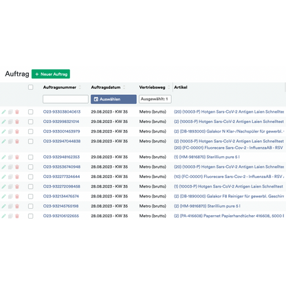 Een screenshot van de Altruan-computerinterface die een lijst met bestellingen in tabelvorm toont. Elke vermelding toont bestelnummer, datum, verkoopkanaal en artikelbeschrijving met symbolen voor extra instellingen en acties.