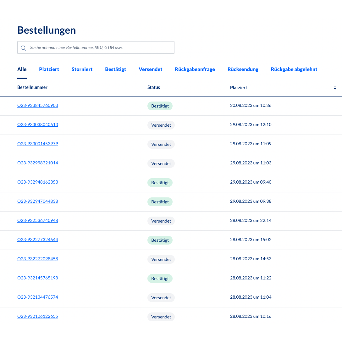 Een screenshot van het backend-bestelbeheersysteem Altruan MetroSync: Metro Market naar Weclapp Bestelverwerking, dat een tabel met bestelnummer en statusupdates toont. Elke rij bevat bestelnummer, status, SKU, aanmaakdatum en -tijd. De meeste statussen tonen