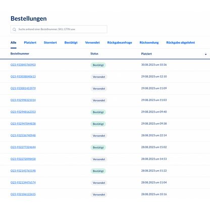 Een screenshot van het backend-bestelbeheersysteem Altruan MetroSync: Metro Market naar Weclapp Bestelverwerking, dat een tabel met bestelnummer en statusupdates toont. Elke rij bevat bestelnummer, status, SKU, aanmaakdatum en -tijd. De meeste statussen tonen
