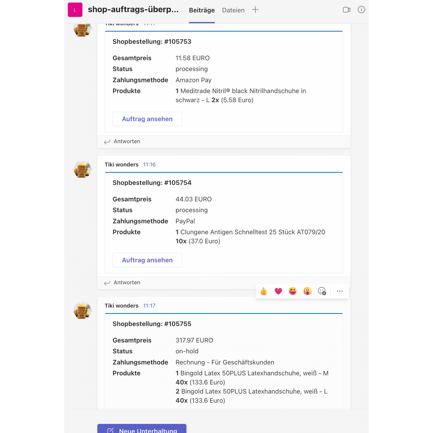 Screenshot van een socialmediaplatform dat een thread toont over winkelbestellingen met TeamsAlert/SlackAlert van Altruan. Verschillende gebruikers plaatsen details over bestellingen, waaronder productbeschrijvingen, hoeveelheden en prijzen.
