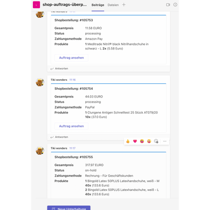 Screenshot van een socialmediaplatform dat een thread toont over winkelbestellingen met TeamsAlert/SlackAlert van Altruan. Verschillende gebruikers plaatsen details over bestellingen, waaronder productbeschrijvingen, hoeveelheden en prijzen.