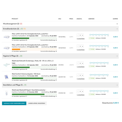 Screenshot van een Shopify B2B-besteltool van Altruan, die medische benodigdheden zoals wondverzorging, handschoenen en desinfectiemiddelen toont met afbeeldingen, hoeveelheden, klant specifieke prijzen en een totaalbedrag van 0,00 €.