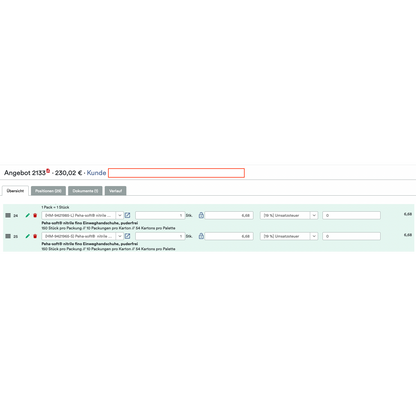 Een Duitse WooCommerce B2B-interface van Altruan toont "Shopify B2B Order Tool: Besteltool met bestelwaarschuwingen en klant specifieke prijzen" met de opties hoeveelheid, verpakking, belastingtarief, individuele prijzen; Totale offerte: 230,02 € voor twee artikelen.