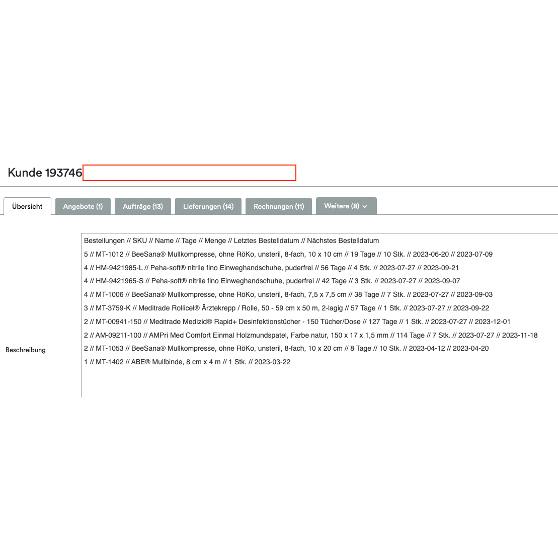 Een screenshot die een Altruan ClientView Orders-interface toont met verschillende tabbladen zoals 'Overzicht', 'Aanbiedingen' en meer. Helemaal bovenaan is het klantnummer 193746 gemarkeerd. Het volgende gedeelte toont het Weclapp-klantenoverzicht na gekochte producten.