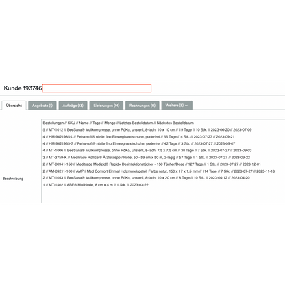 Een screenshot die een Altruan ClientView Orders-interface toont met verschillende tabbladen zoals 'Overzicht', 'Aanbiedingen' en meer. Helemaal bovenaan is het klantnummer 193746 gemarkeerd. Het volgende gedeelte toont het Weclapp-klantenoverzicht na gekochte producten.