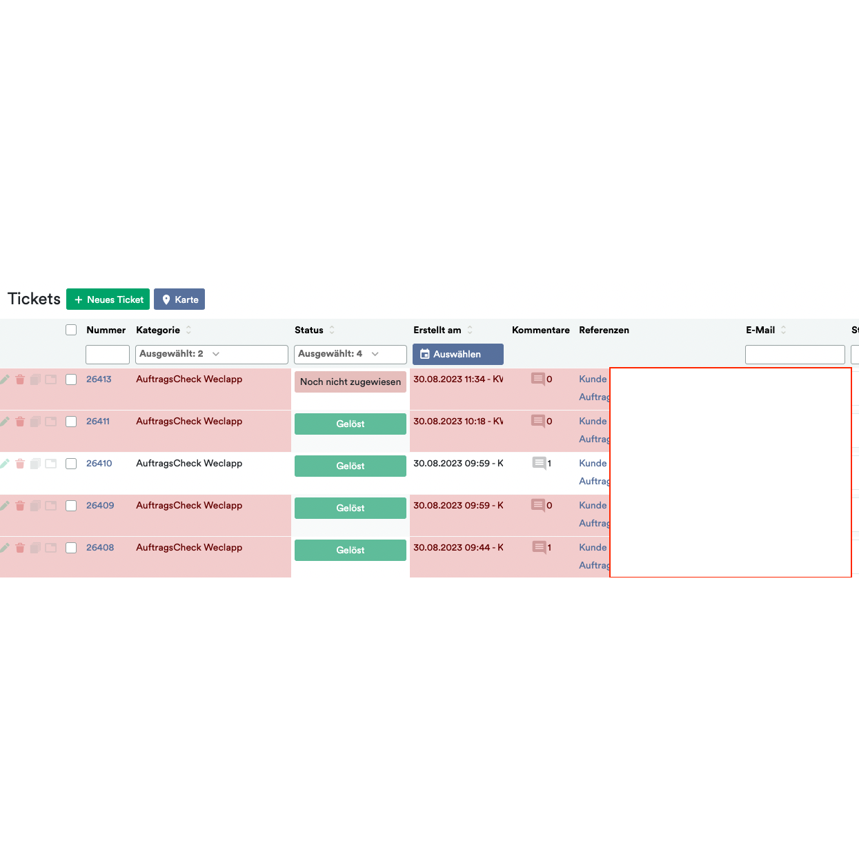 Screenshot van OrderGuardian: Weclapp Order Control System toont meerdere ticketvermeldingen met details zoals ticketnummer, categorie, status, klant en datum, gemarkeerd door een rood rechthoekig kader in een sectie in de Altruan-cloudservice.