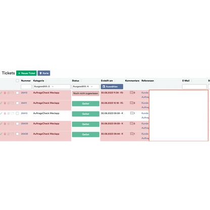 Screenshot van OrderGuardian: Weclapp Order Control System toont meerdere ticketvermeldingen met details zoals ticketnummer, categorie, status, klant en datum, gemarkeerd door een rood rechthoekig kader in een sectie in de Altruan-cloudservice.