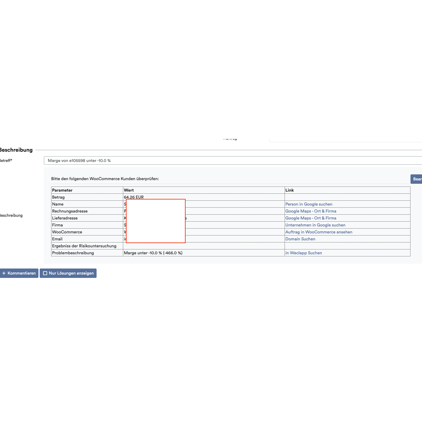 Een screenshot van een webpagina die een factuurdetailsformulier toont met velden zoals bedrag, factuuradres en andere voor 'Aankoop op rekening', gemarkeerd door een rood vak om een leeg gedeelte met gebruikmaking van Altruans OrderGuardian: Weclapp Order Control System.