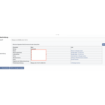 Een screenshot van een webpagina die een factuurdetailsformulier toont met velden zoals bedrag, factuuradres en andere voor 'Aankoop op rekening', gemarkeerd door een rood vak om een leeg gedeelte met gebruikmaking van Altruans OrderGuardian: Weclapp Order Control System.