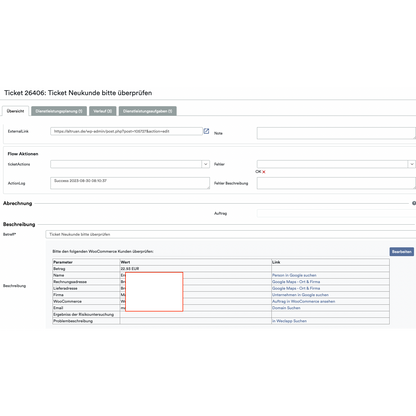 Screenshot van de interface van een ticketsysteem van een clouddienst, waarin verschillende velden zoals 'Ticketdetails', 'Journaal' en 'Klant' worden weergegeven, waarbij informatie over een transactie, inclusief de kosten van artikelen, in een rood veld wordt gemarkeerd. Hierbij wordt OrderGuardian van Altruan gebruikt.