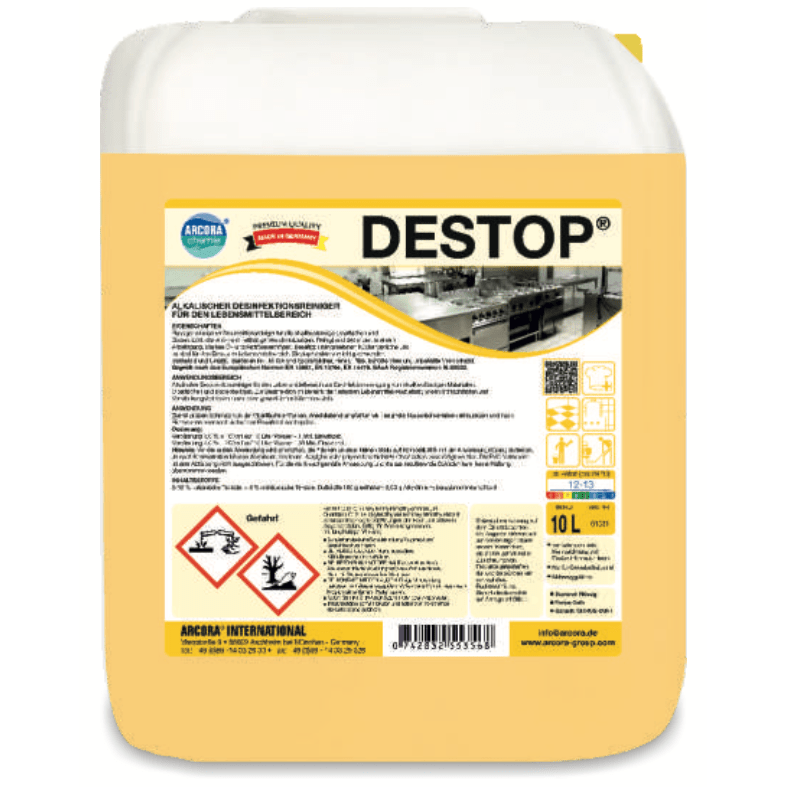 Een 1-liter fles Arcora Destop Alkalische Desinfectiereiniger van Arcora International GmbH, gelabeld met gevarensymbolen en veiligheidsinstructies, is ideaal voor de professionele reiniging in voedselbereidingsruimten en grootkeukens.