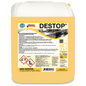 Een 1-liter fles Arcora Destop Alkalische Desinfectiereiniger van Arcora International GmbH, gelabeld met gevarensymbolen en veiligheidsinstructies, is ideaal voor de professionele reiniging in voedselbereidingsruimten en grootkeukens.