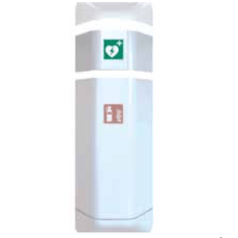 De Novocal help opstel Defibrillator van Novocal is een wit, rechthoekig wandapparaat met een groen defibrillator-bord en een roze EHBO-symbool, perfect voor het opbergen van noodsets en ter ondersteuning van levensreddende maatregelen.