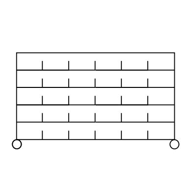 Een zwart-wit diagram toont een 5x5-raster met cirkels in elke onderste hoek, dat de Novocal sorteerrekwagen van precisie staal, vernikkeld en hoogglans verchroomd, met 4 hoekstijlen (1 stuk) illustreert.