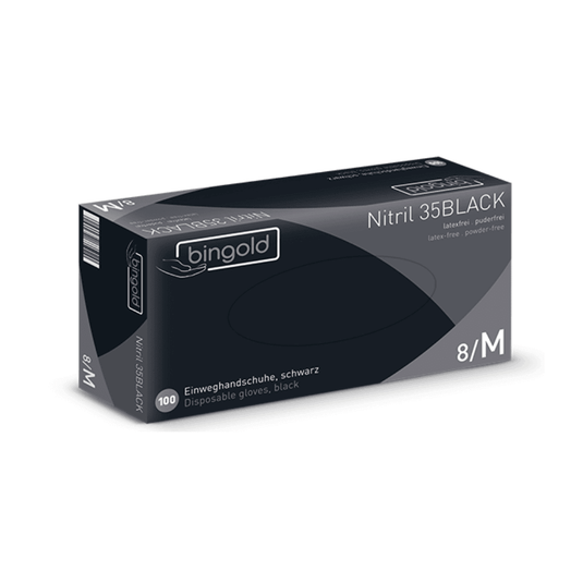 Er wordt een doos Bingold Nitril 35BLACK zwarte nitrilhandschoenen gepresenteerd, een product van BINGOLD GmbH + Co. KG. Deze middelgrote handschoenen zijn ideaal voor hygiënische omgevingen, zijn latex- en poedervrij en voorzien van meertalige tekst op de verpakking.