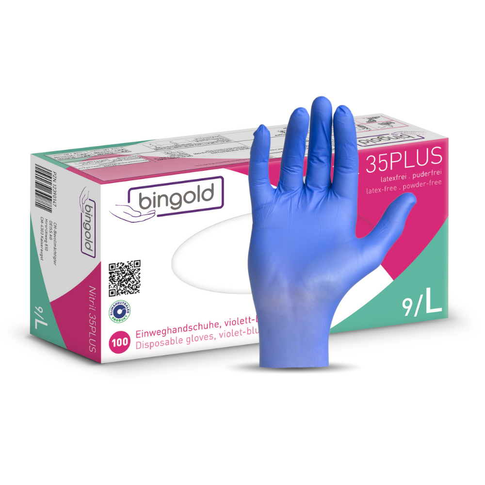 Abgebildet ist eine Schachtel Bingold Nitril 35PLUS Handschuhe der BINGOLD GmbH + Co. KG in der Größe 9/L, mit einem einzelnen blauvioletten Handschuh auf der Vorderseite. Die Schachtel enthält 100 latex- und puderfreie Handschuhe, zertifiziert als Medizinprodukt Klasse I und PSA-Kategorie III.