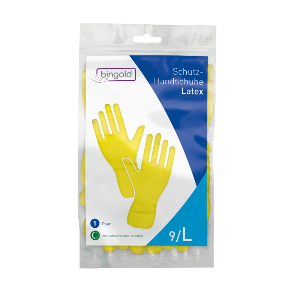 Auf der Bingold Schutzhandschuhe Latex-Verpackung der BINGOLD GmbH + Co. KG sind gelbe Handschuhe in der Größe 9/L mit der Aufschrift „1 Paar“ und „Aus nachwachsenden Rohstoffen“ im Chemikalienschutz-Design in Blau und Weiß abgebildet.