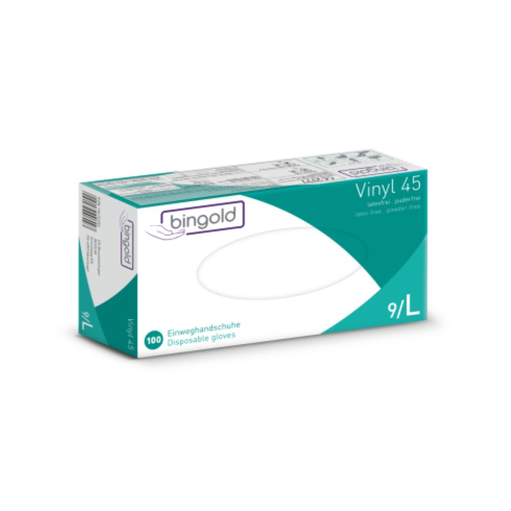Eine Schachtel Bingold Vinyl 45-Handschuhe der BINGOLD GmbH + Co. KG, gekennzeichnet mit der Größe 9/L, enthält 100 latexfreie, puderfreie Handschuhe in einer grün-weißen Verpackung, die den Standards der Schutzklasse CAT III entspricht.