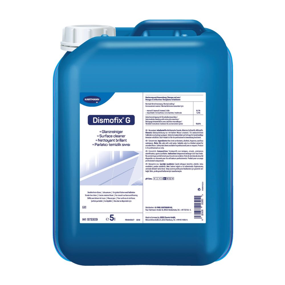 Een blauwe 5-liter kunststofkan Bode Dismofix® G Glansreiniger, voorzien van een wit etiket met productinformatie en gebruiksaanwijzingen voor streeploze reiniging. (Paul Hartmann AG)
