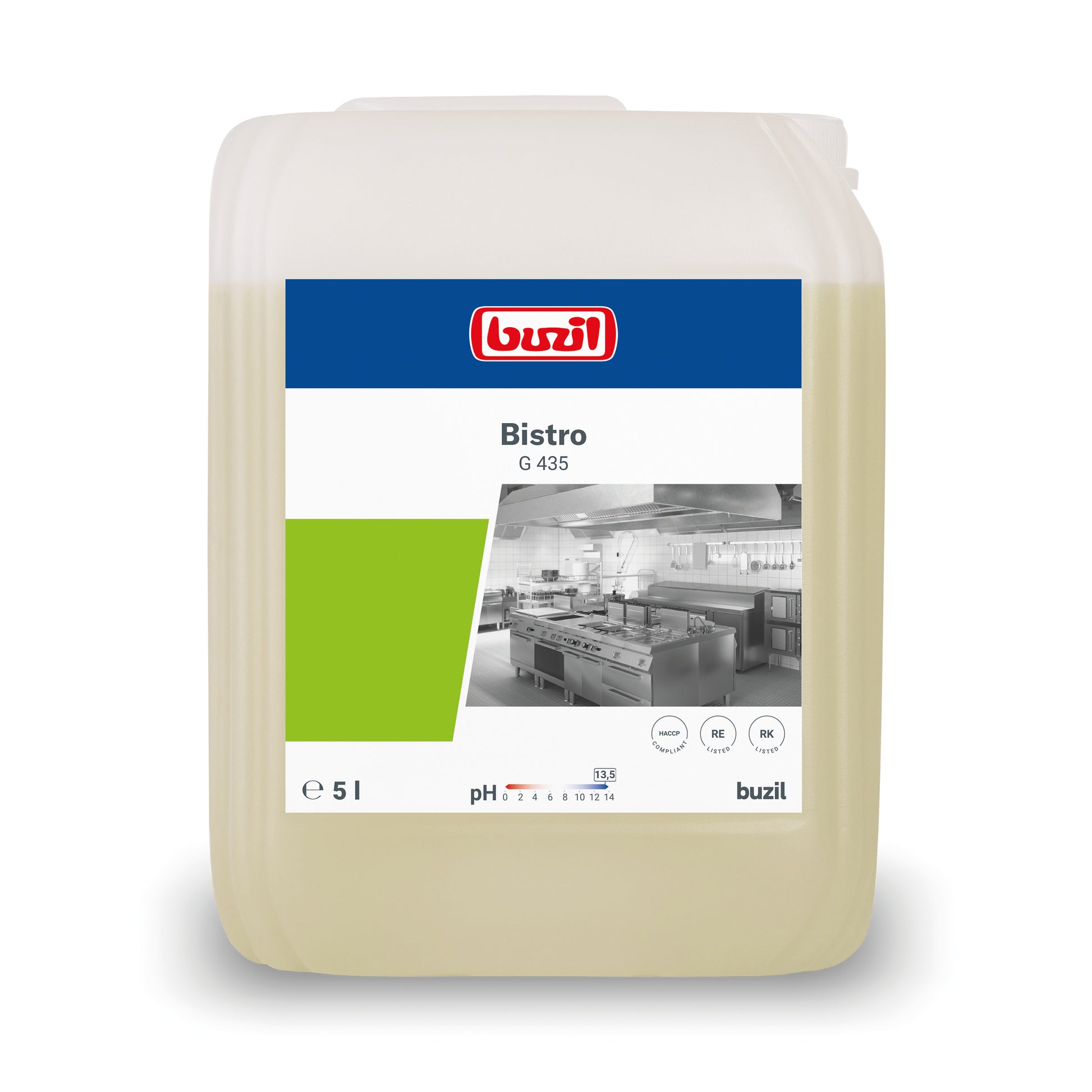 Ein 5-Liter-Behälter mit Buzil Bistro G 435 Intensiv-Küchen- & Fettreiniger von BUZIL-WERK Wagner GmbH & Co. KG ist mit einem Etikett versehen, das ein Küchenbild, ein grünes Rechteck sowie Angaben wie den pH-Wert und Anwendungssymbole zeigt. Dieser durchscheinende Behälter ist perfekt für hygienisch saubere Oberflächen und mit einem praktischen Schraubverschluss ausgestattet.