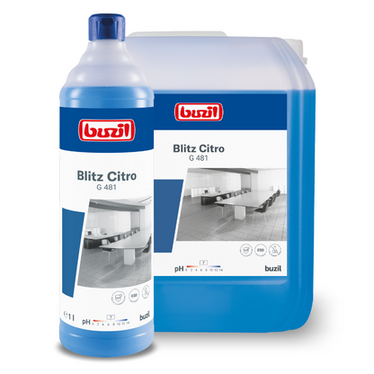 Een fles van 1 liter en een grootverpakking Buzil Blitz Citro G 481 Universeelreiniger van BUZIL-WERK Wagner GmbH & Co. KG, beide met een frisse citrusgeur. De blauwe producten zijn voorzien van wit-rode etiketten waarop een cleanroom afbeelding is afgebeeld. De grootverpakking is ideaal voor langdurig gebruik.