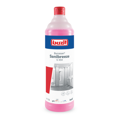 Afgebeeld is een 1-liter fles Buzil Bucasan® Sanibreeze G 454 sanitairreiniger op citroenzuurgebaseerde basis met geurblokker van BUZIL-WERK Wagner GmbH & Co. KG. De roze fles met rode sluiting is voorzien van een etiket waarop badkamerafbeeldingen, het merklogo, de productnaam en symbolen te zien zijn die wijzen op de pH-neutraliteit en milieu-certificeringen.