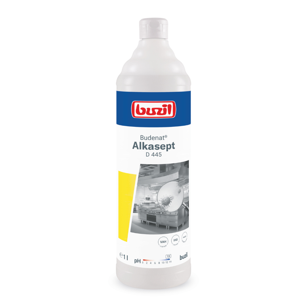 Een witte fles met het opschrift 'Buzil Budenat® Alkasept D 445 Hoogalkalische Desinfectiereiniger' van BUZIL-WERK Wagner GmbH & Co. KG is voorzien van een blauw-rood logo. Het is ontworpen voor alkalibestendige oppervlakken en bevat op het etiket een zwart-wit afbeelding van een machine, de aanduiding '1 liter' evenals pH- en certificeringssymbolen - ideaal voor desinfectiereiniging in de voedingsmiddelenindustrie.
