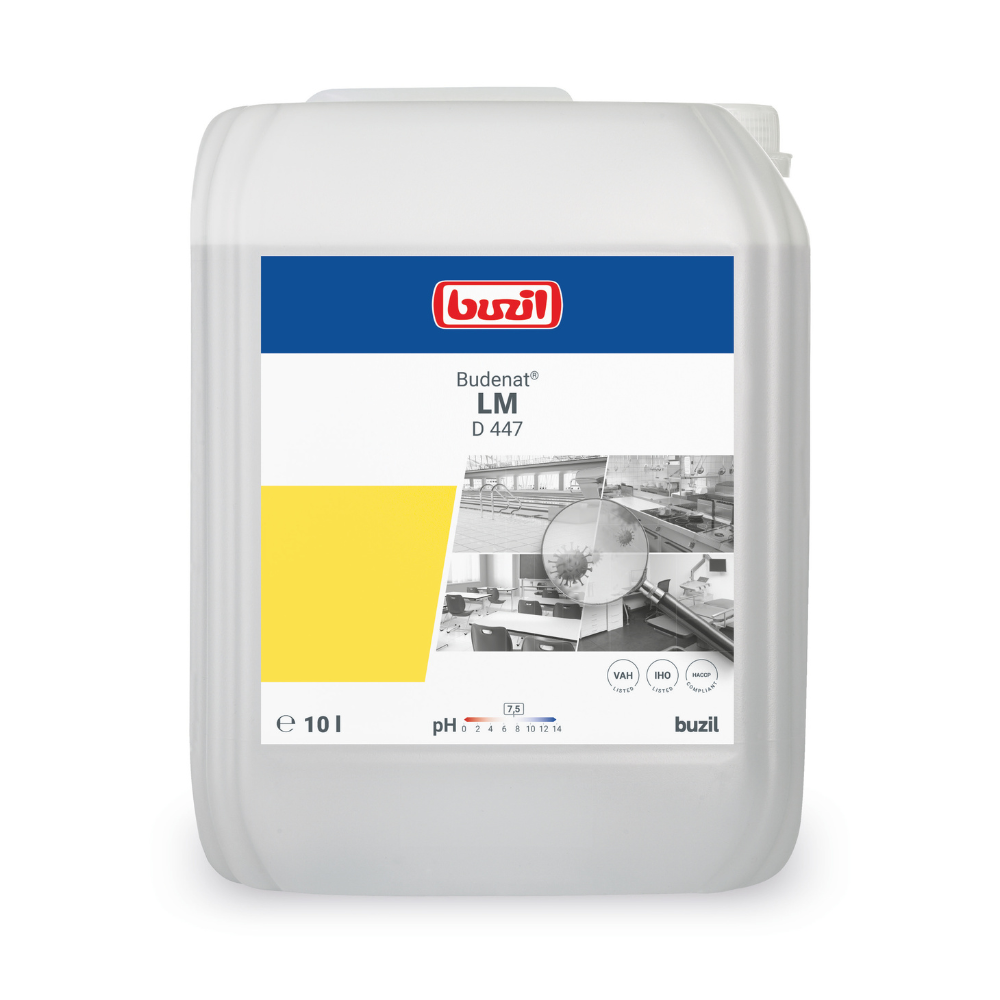 Een 10-liter container van het om zijn hoge materiaalcompatibiliteit bekende materiaalvriendelijke desinfectiemiddel Buzil Budenat® LM D 447 draagt een etiket met industriële afbeeldingen en een gele accent. Het merklgoo van BUZIL-WERK Wagner GmbH & Co. KG is bovenaan prominent geplaatst, daaronder zijn productdetails afgedrukt. Het is ideaal voor gebruik op gevoelige oppervlakken.