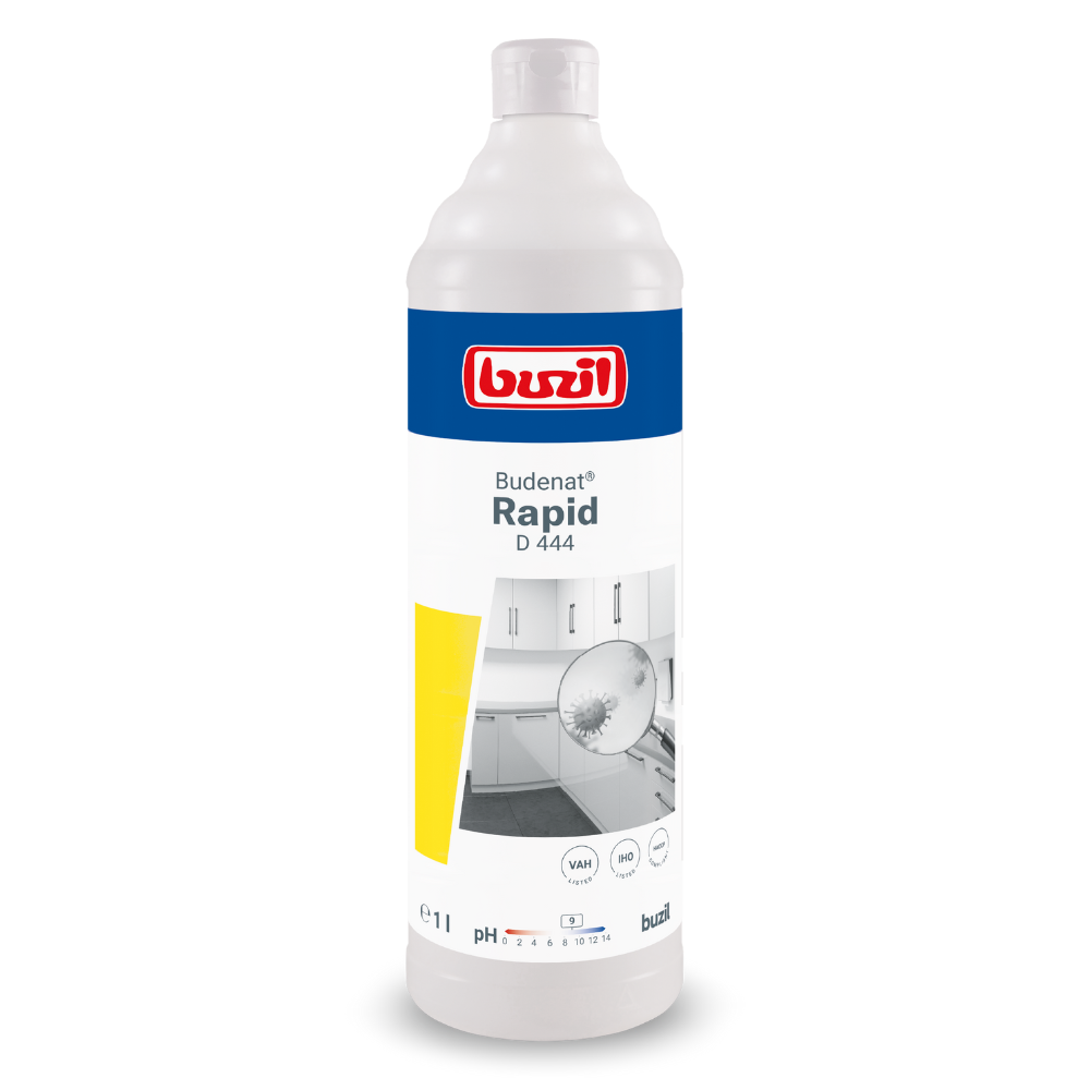 Een witte kunststof fles met het opschrift „Buzil Budenat® Rapid D 444 Gebruiksklare alcoholische snelontsmettingsmiddel | Fles (1 l)“ is prominent geplaatst, met een blauw-wit ontwerp met een schone keukenfoto en gele accenten. Dit product van BUZIL-WERK Wagner GmbH & Co. KG is ideaal voor de hygiënische desinfectie en duidelijk gemarkeerd met productinformatie en symbolen.