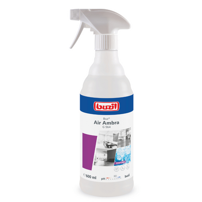 Hier is een herschreven zin met gebruik van de opgegeven productgegevens:

Een witte spuitfles met Buzil Buz® Air Ambra G 564 Gebruiksklare Ruimspray met Actieve Geurblokker van BUZIL-WERK Wagner GmbH & Co. KG is voorzien van een spuitmond voor eenvoudig gebruik. Het etiket is blauw, paars en wit en toont afbeeldingen van een keuken en een badkamer. Deze 600-ml-fles bevat een gebruiksklare ruimspray met een actieve geurblokker voor een langdurige geur.
