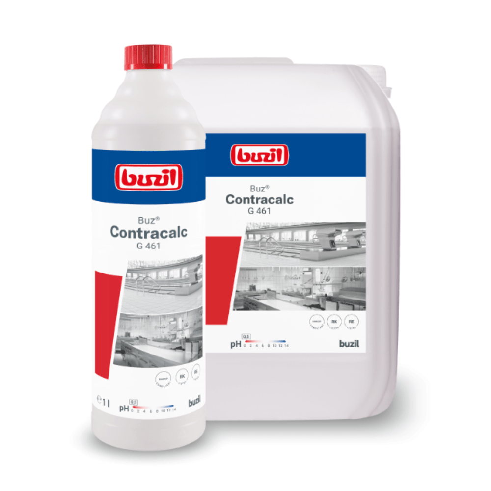 Twee containers van Buzil Buz® Contracalc G 461, een kleurloze basisreiniger en ontkalker van BUZIL-WERK Wagner GmbH & Co. KG. De voorste container is een witte fles met een rode dop die een ontkalkoplossing bevat, terwijl de achterste container een grotere, ondoorzichtige kan is. Beide hebben etiketten in rood, blauw en wit met bijpassende afbeeldingen.