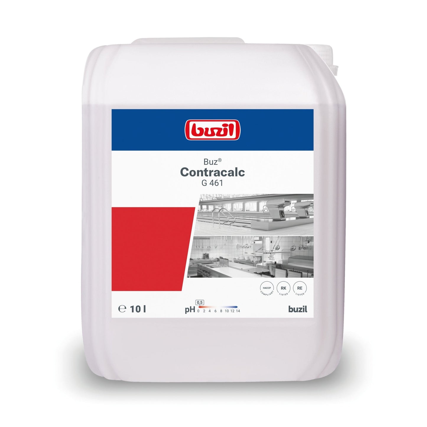 Een 10-litercontainer met Buzil Buz® Contracalc G 461 Kleurloze basisreiniger en ontkalker in wit, met een rood-blauw etiket met een afbeelding van een industriële installatie. Deze ontkalker van BUZIL-WERK Wagner GmbH & Co. KG heeft een pH-waarde van 3,4, bevat ingrediënten op basis van fosforzuur en draagt trots het Buzil-logo.