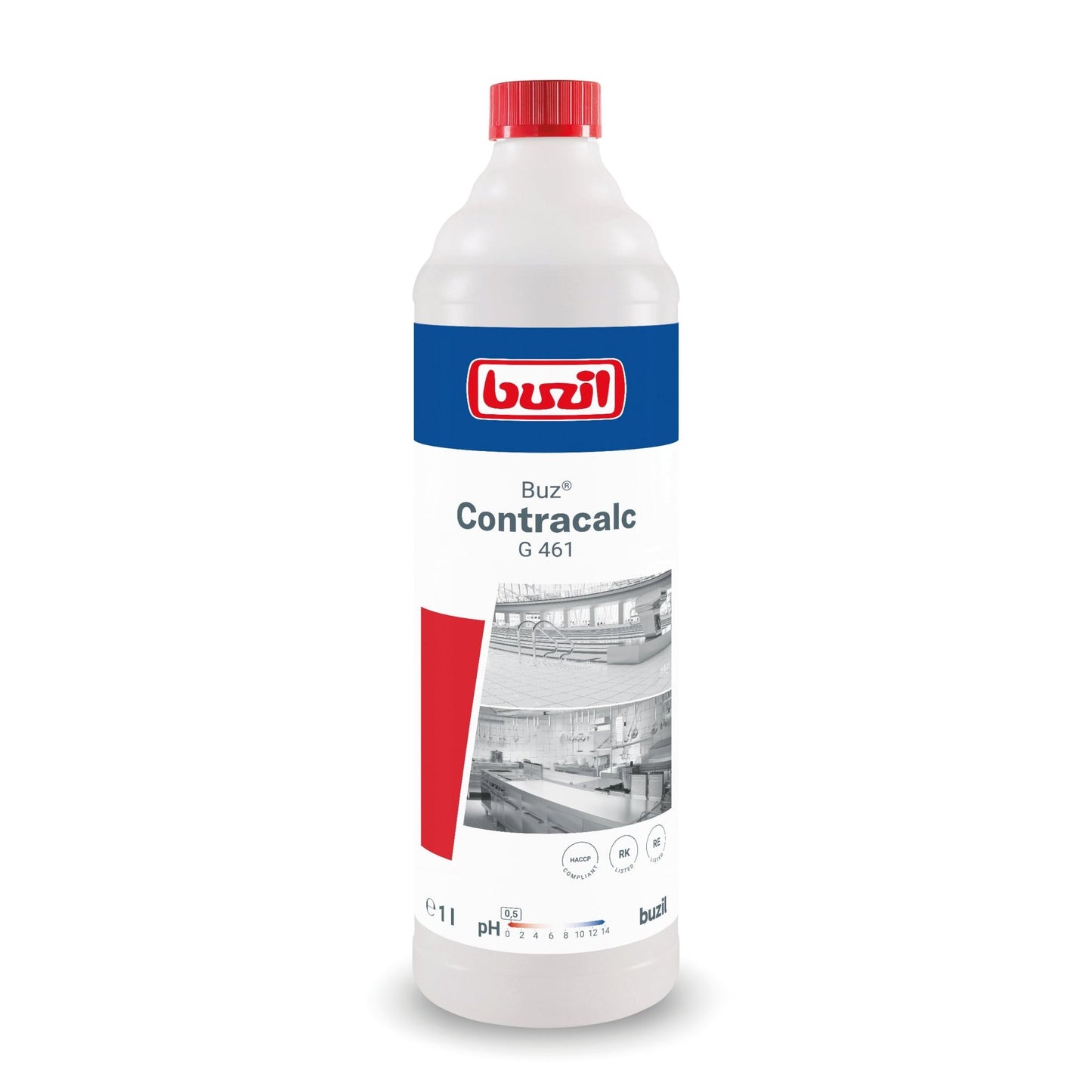 Een 1-literfles Buzil Buz® Contracalc G 461 Kleurloze basisreiniger en ontkalker van BUZIL-WERK Wagner GmbH & Co. KG heeft productdetails, een rode dop en een toepassingsafbeelding. Deze reiniger op basis van fosforzuur is ideaal voor het reinigen en ontkalken.
