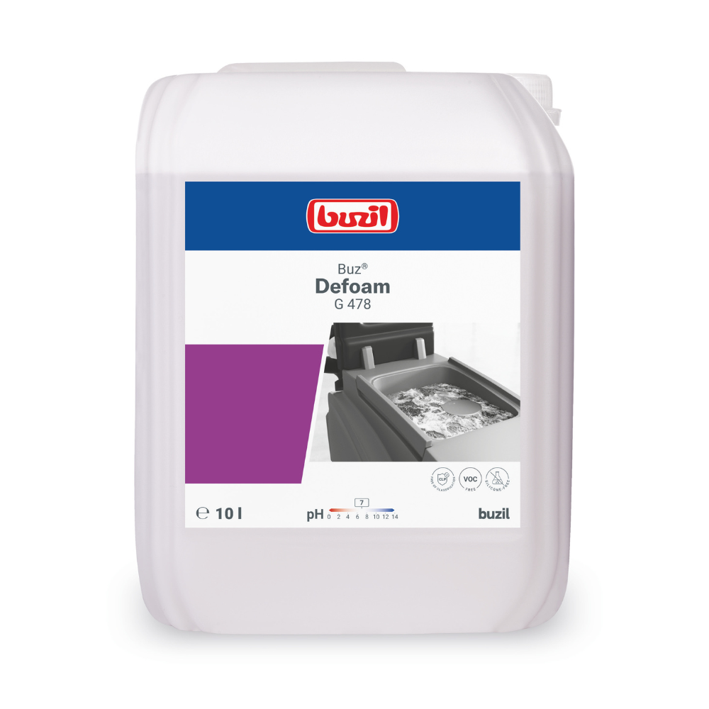 Een witte 10-liter container van BUZIL-WERK Wagner GmbH & Co. KG met de tekst 'Buzil Buz® Defoam G 478 Ontschuimer voor machines' toont een afbeelding van schuim in een machine en benadrukt naast informatie over pH-waarde en volume ook de schuimreducerende eigenschappen voor reinigingsapparaten.