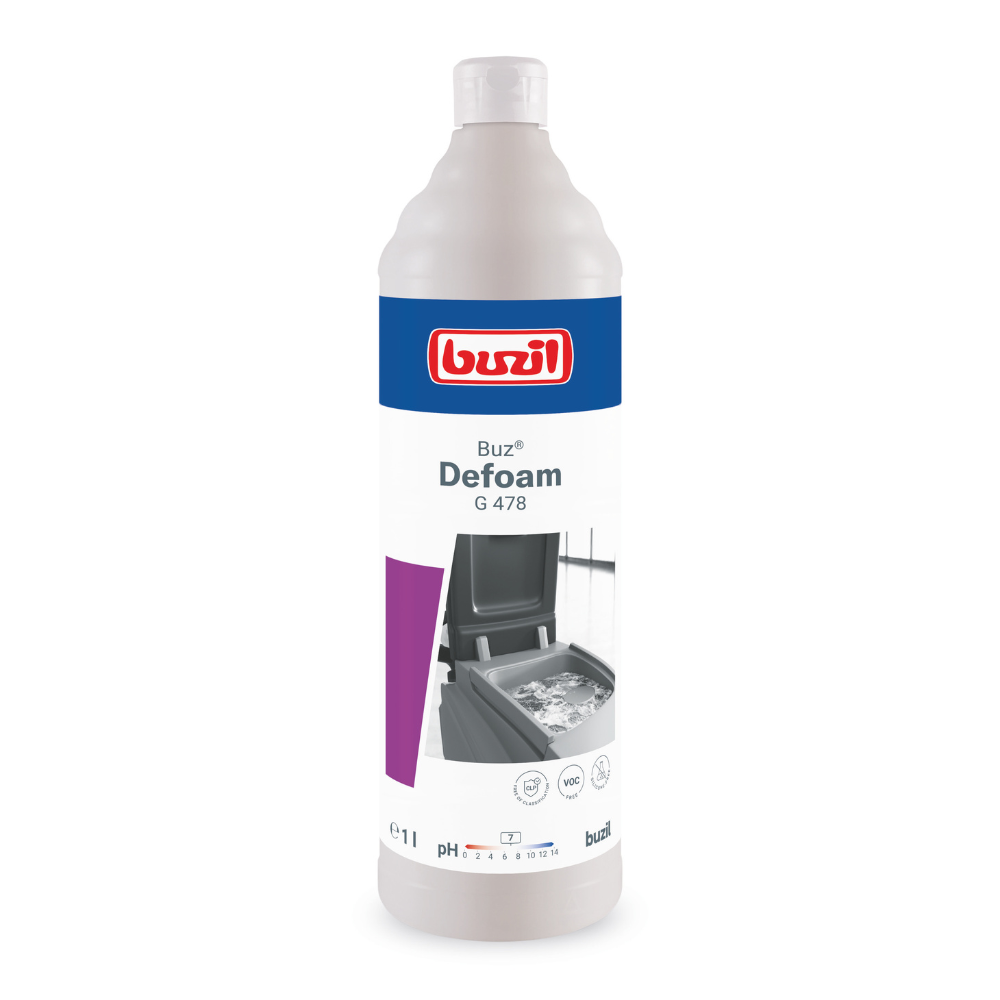 Een fles Buzil Buz® Defoam G 478 Ontschuimer voor machines, geproduceerd door BUZIL-WERK Wagner GmbH & Co. KG, wordt gepresenteerd met een wit etiket met blauw-rood handelsmerk. De fles is ontworpen voor ontschuimingsdoeleinden en toont een afbeelding van schuim op een te behandelen oppervlak. De capaciteit van 1 liter maakt het ideaal voor schuimreductie in verschillende reinigingsmachines.
